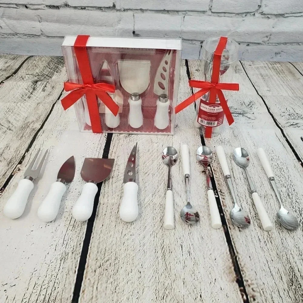 White 4 Piece Cheese Knife Set and White 6 Piece Appetizer Spoon Set